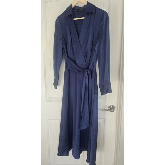 TAHARI Women's Belted Faux-Wrap Midi Dress Size 6 Blue Pockets FALL/ WINTER - Picture 2 of 16